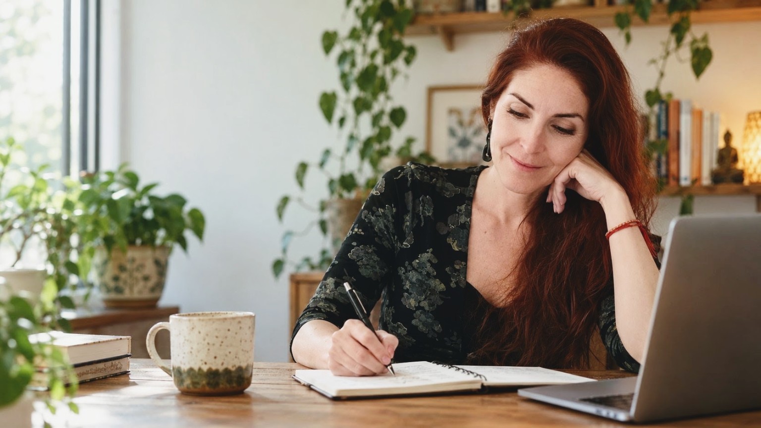 Lorena Olguín Concha escribiendo en una libreta junto a su computador